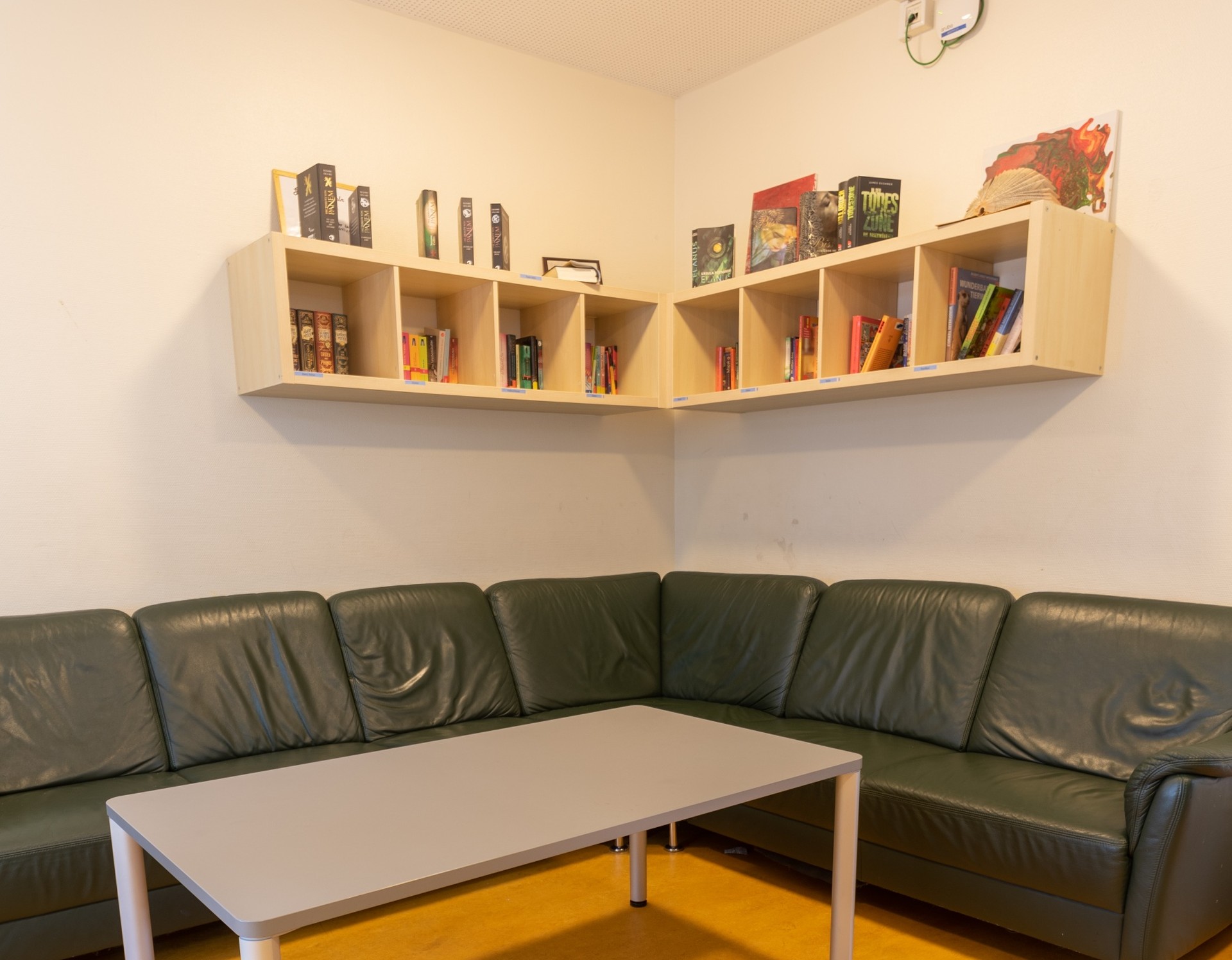 Das Bild zeigt einen Wohnraum mit einem Sofa, einem Tisch und einem Bücherregal, das an der Wand hängt.