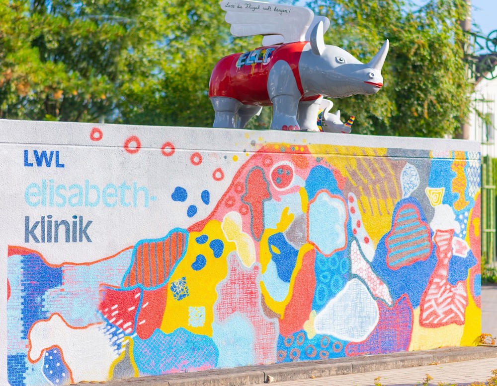 Das Bild zeigt eine kleine Nashorn-Statue auf einem Garagendach, dessen Wände mit buntem Graffiti besprüht würden sind.